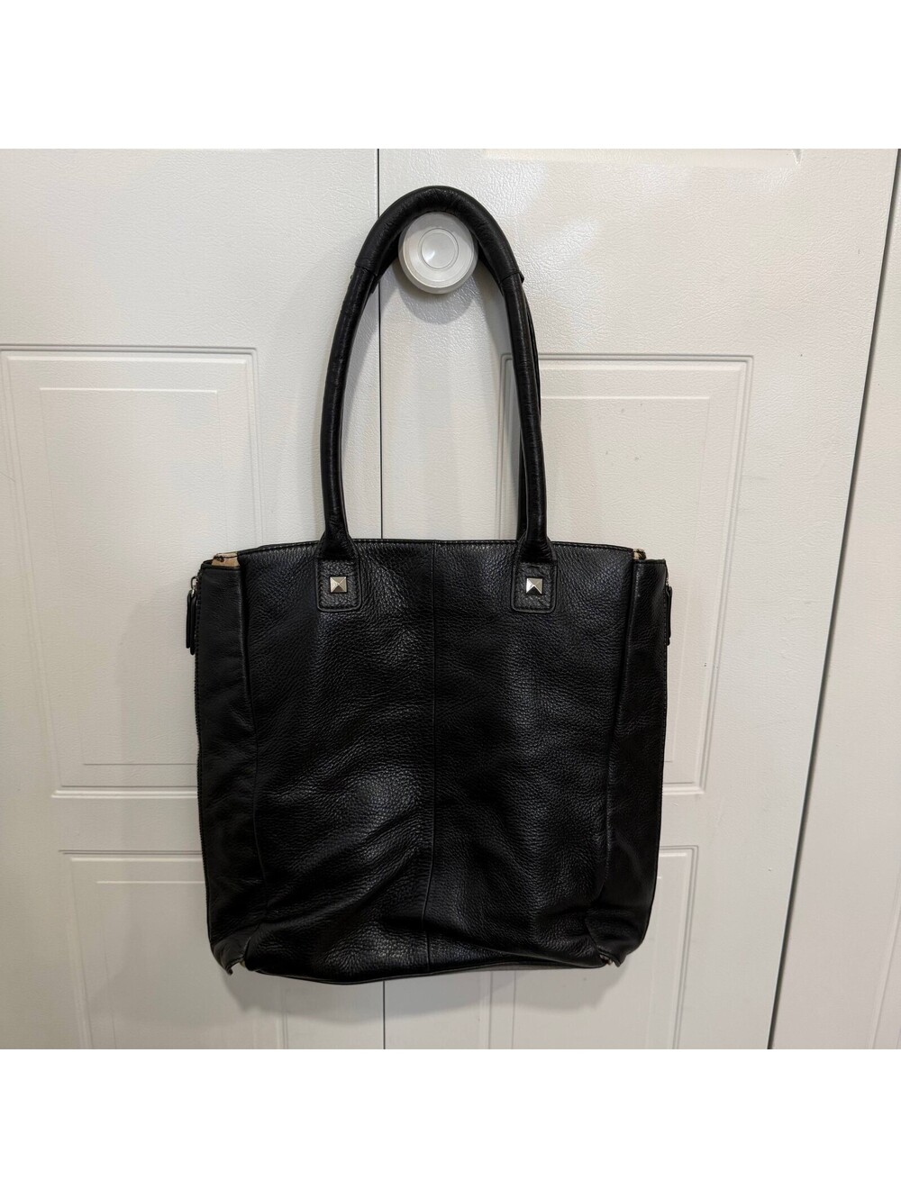Halogen Black Leather Tote Bag Leopard Haircalf Zip Sides Large Shoulder Bag